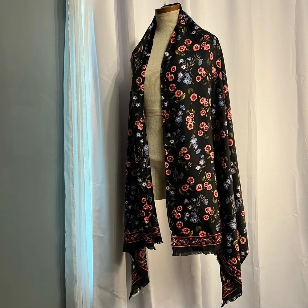 Late Spade Floral black Rectangle Scarf 80 X 30 Aprox  W/Fringe Boho City NWOT - Picture 2 of 9